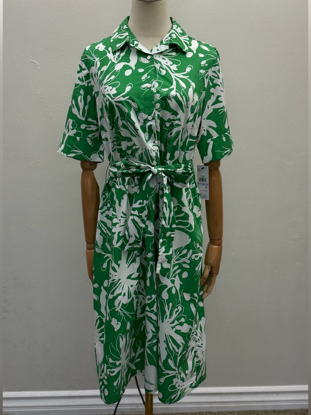 NWT DKNY Green Floral Shirt Dress Belted Button Front Cotton Dress Size 6